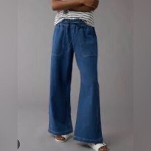 American Eagle Dreamy Drape Pull-on Wide Leg Stretch Denim Pants Jeans Med Linen